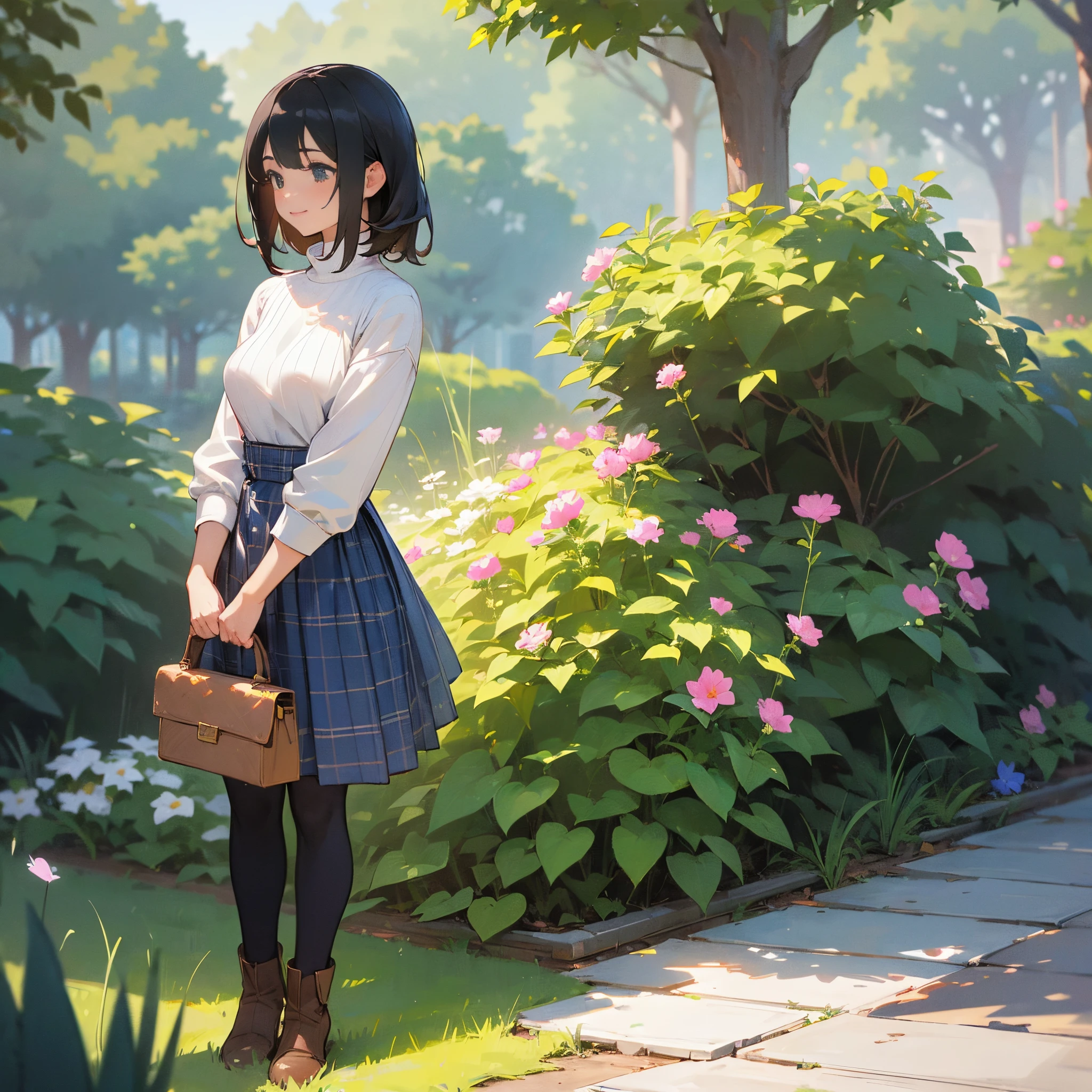 (High quality, High resolution, Ultra-detailed, Realistic:1.37), peaceful ambiance, (plein air, garden), Teenage girl standing alone, (My breasts are big.), Beautiful detailed features, Cute smile, (Black bob hair), Ribbed sweater, blue plaid skirt, Black tights, Brown boots.