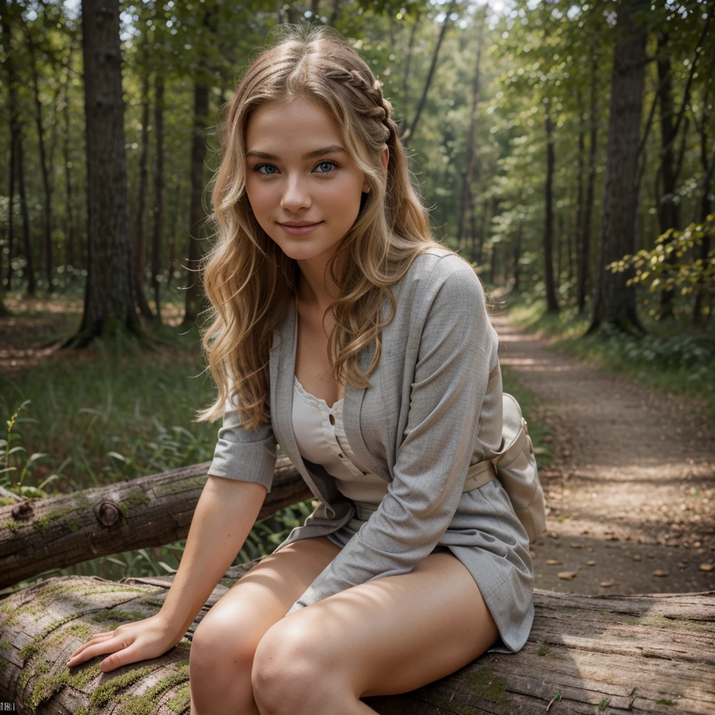 Nikon Z 85mm, Beautiful, one Petite 20-year-old elegant high-class supermodel, blond hair, Bright gray eyes, ((High detailed skin, Skin Details)), Sharp Focus, 8K UHD, Digital SLR, High quality, gorgeous russian face, smiling, photo realistic, wearing elegant hiking clothes. Beautiful wavy hairstyle. Elegantly modestly sitting on a tree log in forest. Warm tone atmosphere