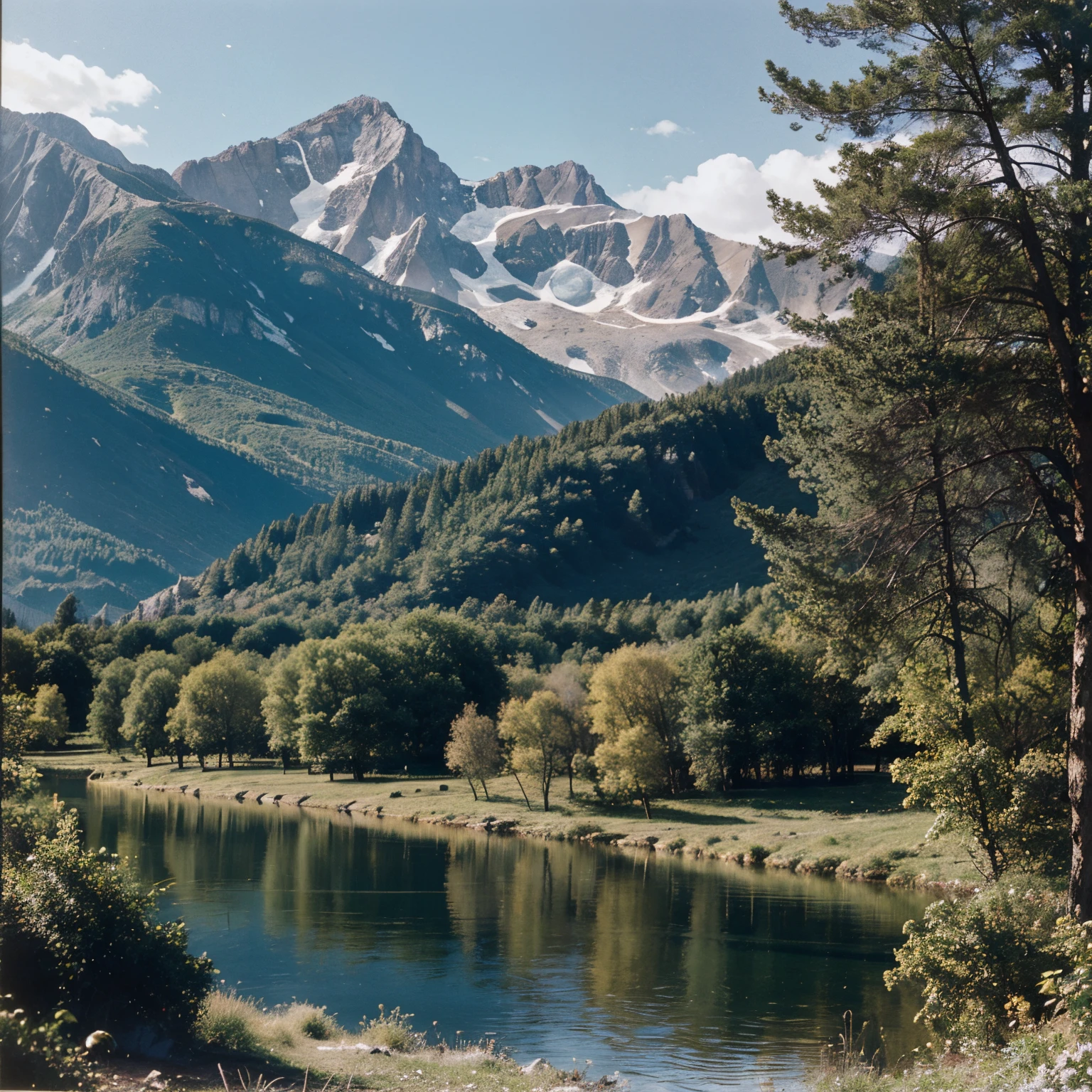 Vintage 70s travel ad with border. Lanscapw of mountains and lake with wildlife. Mountains are made of bread stuffing