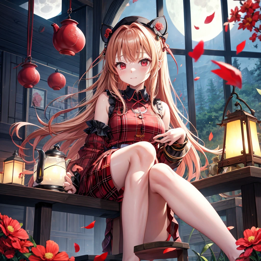 red blonde、red eyes、one good looking girl、独奏、animesque、lightly dressed、Plaid miniskirt、flower petals、sitting on、Black T-shirt、large tree、云、fullmoon、starrysky、Meteor swarm、Nonstar Castle railroad crossing、lantern、Gates of Hell、gatekeeper of craft、Circle of Angels、inside in room、Tea、teapot、sullenness