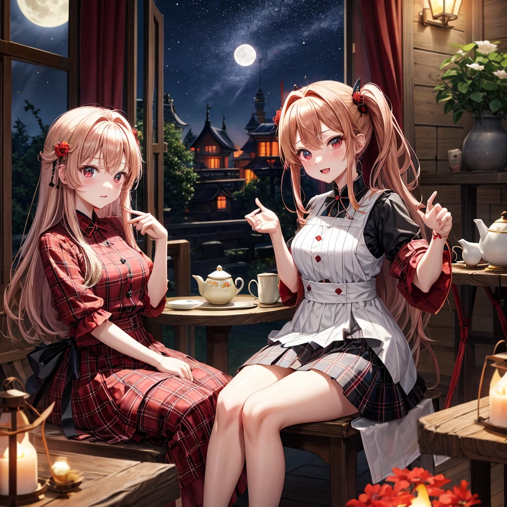 red blonde、red eyes、one good looking girl、独奏、animesque、lightly dressed、Plaid miniskirt、flower petals、sitting on、Black T-shirt、large tree、云、fullmoon、starrysky、Meteor swarm、Nonstar Castle railroad crossing、lantern、Gates of Hell、gatekeeper of craft、Circle of Angels、inside in room、Tea、teapot、sullenness