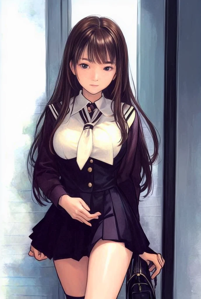 A beautiful woman with long, shoulder-length hair, big breasts, and beautiful legs is standing in a school hallway with a stunned expression in a dark purple miniskirt sailor uniform.。