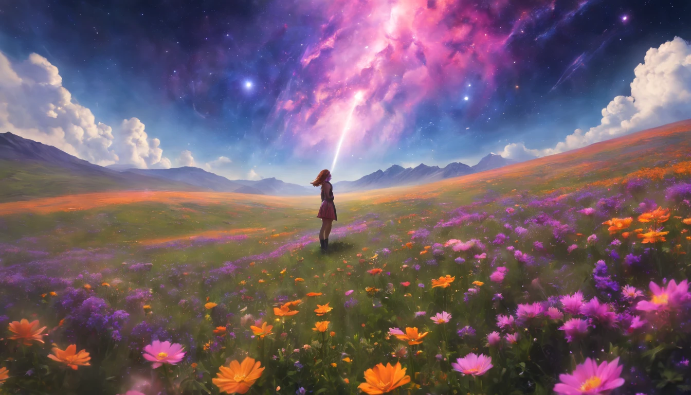 fotografia de paisagem expansiva, (View from below with a view of the sky and desert below), (((Girl standing in a field of flowers looking up))), (lua cheia: 1.2), (Estrela cadente: 0.9), (nebula: 1.3), montanha distante, tree BREAK production art, (Fonte de Luz Quente: 1.2), (Pirilamplighto: 1.2), lamplight, roxo e laranja, detalhes intrincados, Volume Lighting, Realismo BREAK (master part: 1.2) (melhor qualidade), 4k, ultra-detalhado, (Dynamic configuration: 1.4), detalhes altamente detalhados e coloridos, (Cores iridescentes: 1.2), (bright illumination, Atmospheric Illumination), sonhador, magica, (sozinho: 1.2)