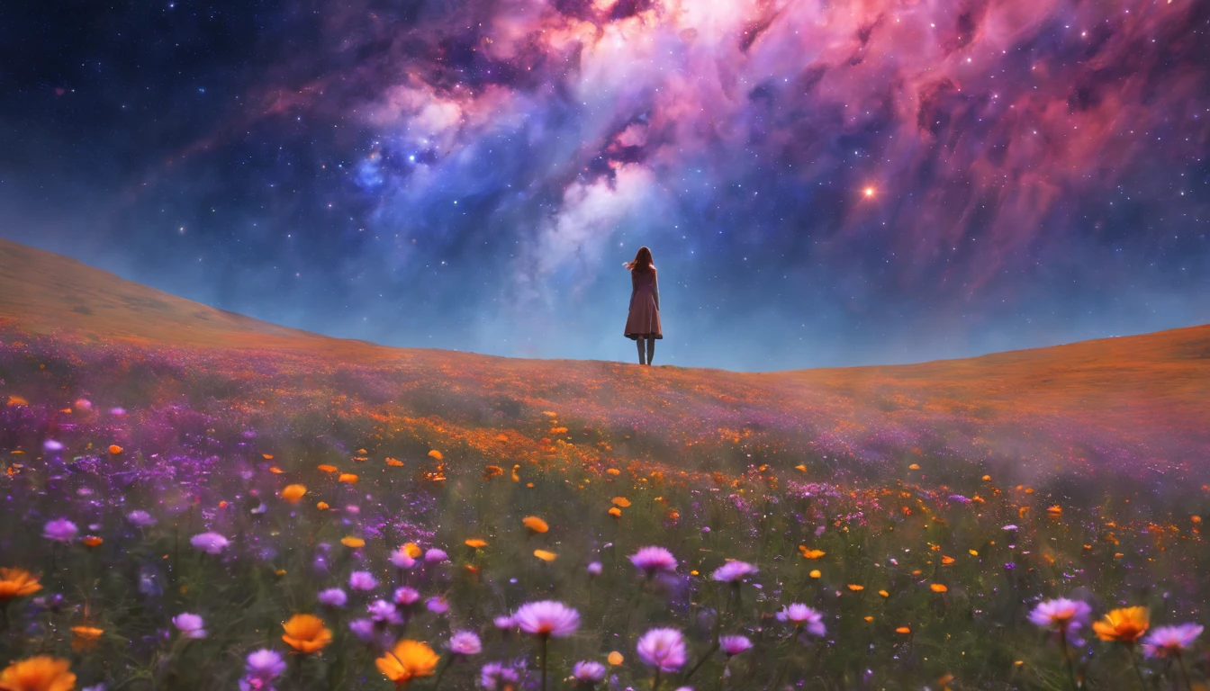 fotografia de paisagem expansiva, (View from below with a view of the sky and desert below), (((Girl standing in a field of flowers looking up))), (lua cheia: 1.2), (Estrela cadente: 0.9), (nebula: 1.3), montanha distante, tree BREAK production art, (Fonte de Luz Quente: 1.2), (Pirilamplighto: 1.2), lamplight, roxo e laranja, detalhes intrincados, Volume Lighting, Realismo BREAK (master part: 1.2) (melhor qualidade), 4k, ultra-detalhado, (Dynamic configuration: 1.4), detalhes altamente detalhados e coloridos, (Cores iridescentes: 1.2), (bright illumination, Atmospheric Illumination), sonhador, magica, (sozinho: 1.2)