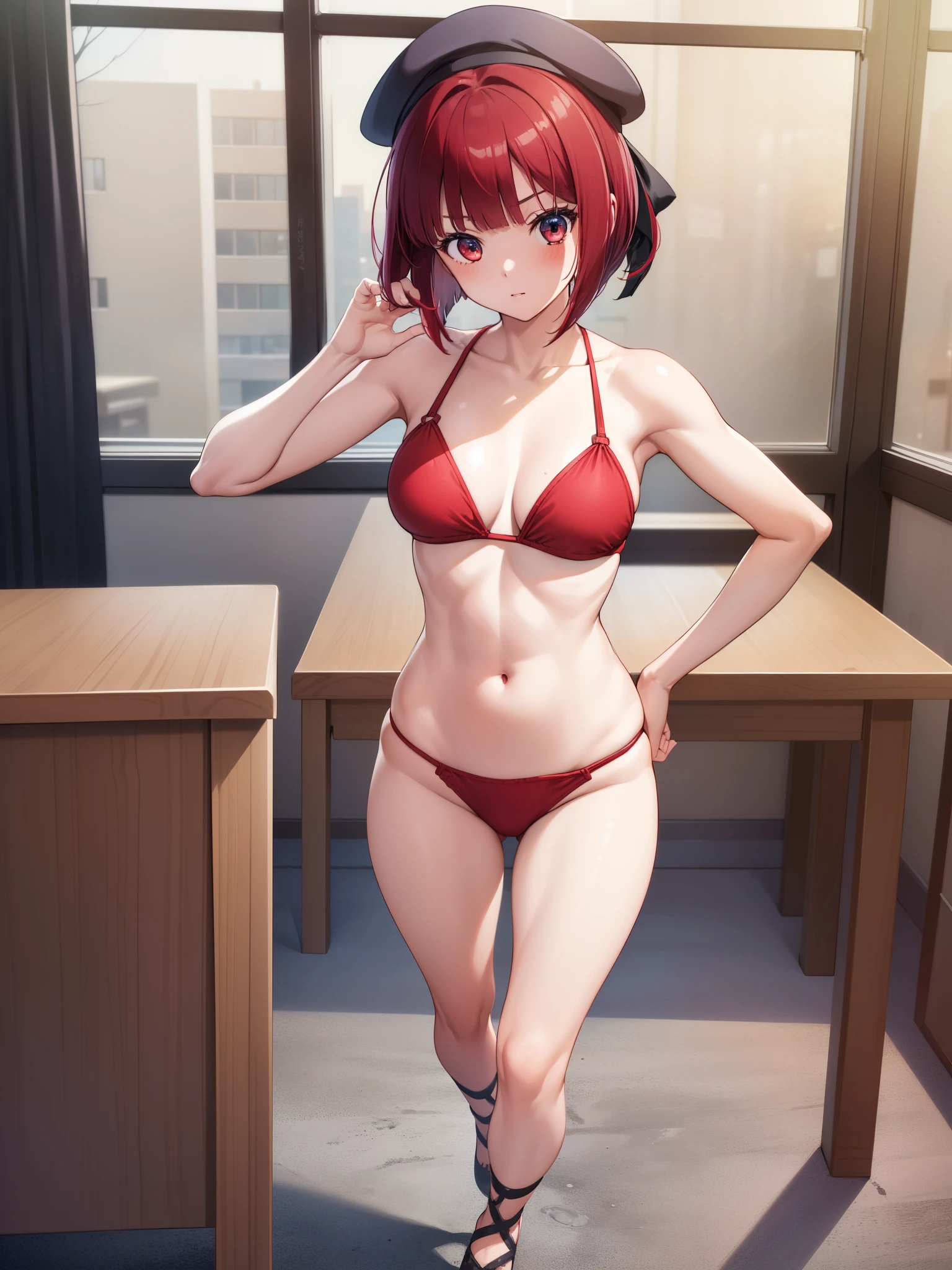 (((1 girl))), Kana Arima, bob cut, (red eyes:1.5), red hair, short hair,
Break beret, (Wearing a very sexy and short bikini), hat, muscular legs, muscular belly, wide hips, slim waist, wearing a black high heel shoe, standing, (full body photo), West, College Uniform Youtou,
break looking at the viewer,
BREAK-IN inside the house, classroom,
break (masterpiece:1.2), best quality, highest resolution, Unity 8k wallpaper, (插圖:0.8), (beautiful detailed eyes:1.6), Extremely detailed face, perfect lighting, extremely detailed CG, (perfect hands, anatomy perfect),