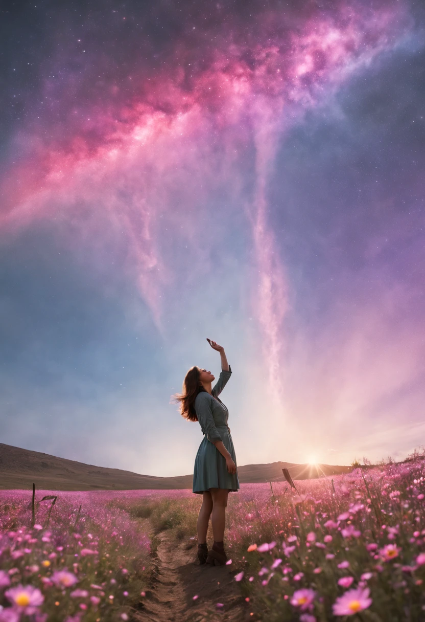 fotografia de paisagem expansiva, (View from below with a view of the sky and desert below), (((Girl standing in a field of flowers looking up))), (lua cheia: 1.2), (Estrela cadente: 0.9), (nebula: 1.3), montanha distante, tree BREAK production art, (Fonte de Luz Quente: 1.2), (Pirilamplighto: 1.2), lamplight, roxo e laranja, detalhes intrincados, Volume Lighting, Realismo BREAK (master part: 1.2) (melhor qualidade), 4k, ultra-detalhado, (Dynamic configuration: 1.4), detalhes altamente detalhados e coloridos, (Cores iridescentes: 1.2), (bright illumination, Atmospheric Illumination), sonhador, magica, (sozinho: 1.2)