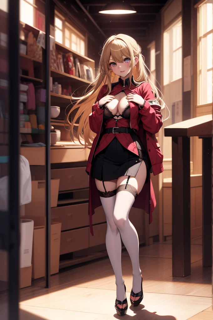 anime, beautiful face, highly detailed face, detailed perfect eyes, perfect hair, perfect lips, perfect legs. highly detailed background, perfect lighting, full body, 1girl, solo, ruby hoshino, ruby, oshi no ko, indoors, heels, blonde hair, thighhighs, garter stockings, bedroom, lingerie, absurdres, high res, ultrasharp, 8K, masterpiece, looking at viewer, (sexy pose:1.2), heavy breathing, (full body:1.5), teasing, wearing bra, wearing underwear, in a miniskirt, bending over foward, leaning towards viewer, holding breast, holding boobs, hands under her breasts, both hands on boobs