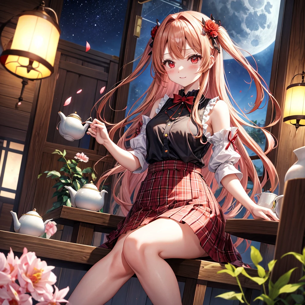 red blonde、red eyes、one good looking girl、独奏、animesque、lightly dressed、Plaid miniskirt、flower petals、sitting on、Black T-shirt、large tree、云、fullmoon、starrysky、Meteor swarm、Nonstar Castle railroad crossing、lantern、Gates of Hell、gatekeeper of craft、Circle of Angels、inside in room、Tea、teapot、sullenness