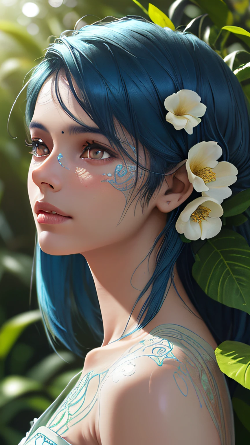 fashion photography of a naked indian girl with blue hair, in lush jungle with flowers, 3d render, cgi, symetrical, octane render, 35mm, bokeh, (intricate details:1.12), hdr, (intricate details, hyperdetailed:1.15), (natural skin texture, hyperrealism, soft light, sharp:1.2), detailed, sunlight passing through foliage, india