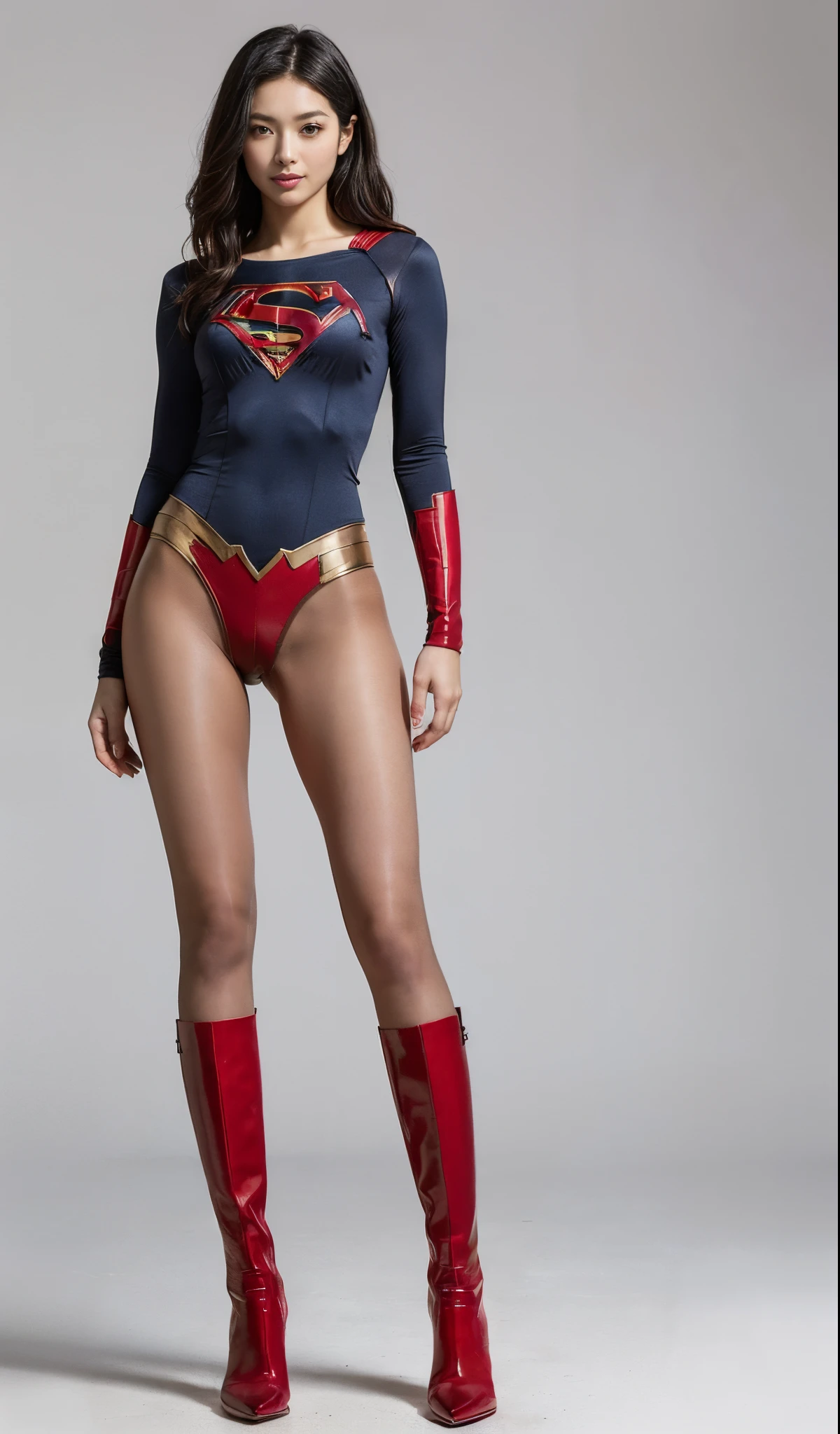 (((Wear black tights on your beautiful legs.)))、(((Grow legs、tall、Legally express the beauty of your smile)))、((((Make the most of the original image)))、(((Supergirl Costume)))、(((beautiful hairl)))、(((Suffering)))、(((Feet must necessarily be worn with black tights)))、(((You need to wear red boots)))、((Top image quality、8K))、((top-quality、8K、masterpiece:1.3))、(((Keep Background )))、Crisp focus:1.2、Beautiful woman with perfect body shape:1.4、Slender Abs:1.2、a wet body:1.5、Highly detailed facial and skin texture、8K