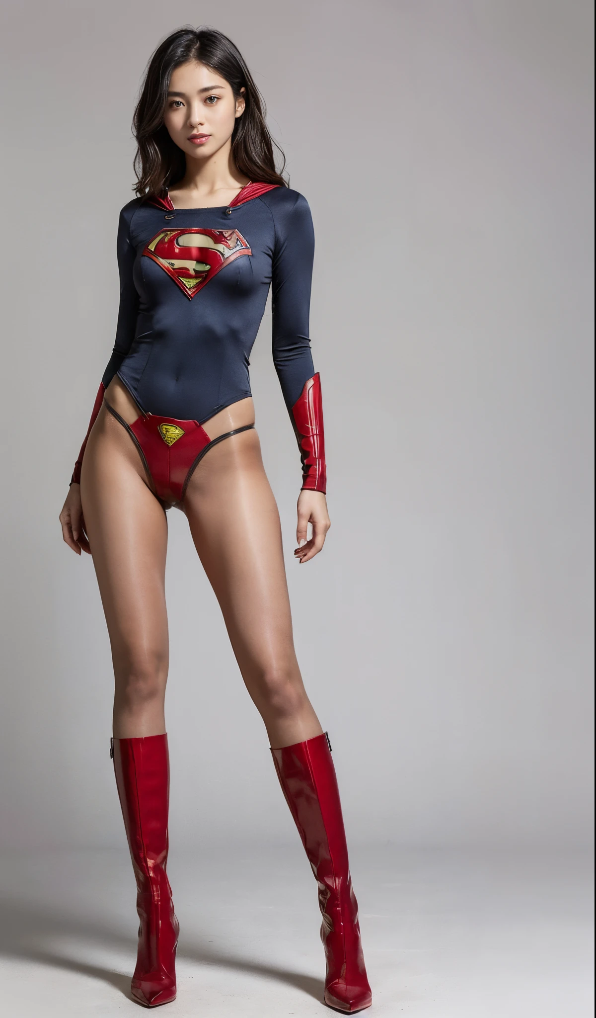 (((Wear black tights on your beautiful legs.)))、(((Grow legs、tall、Legally express the beauty of your smile)))、((((Make the most of the original image)))、(((Supergirl Costume)))、(((beautiful hairl)))、(((Suffering)))、(((Feet must necessarily be worn with black tights)))、(((You need to wear red boots)))、((Top image quality、8K))、((top-quality、8K、​masterpiece:1.3))、(((Keep Background )))、Crisp focus:1.2、Beautiful woman with perfect body shape:1.4、Slender Abs:1.2、a wet body:1.5、Highly detailed facial and skin texture、8K