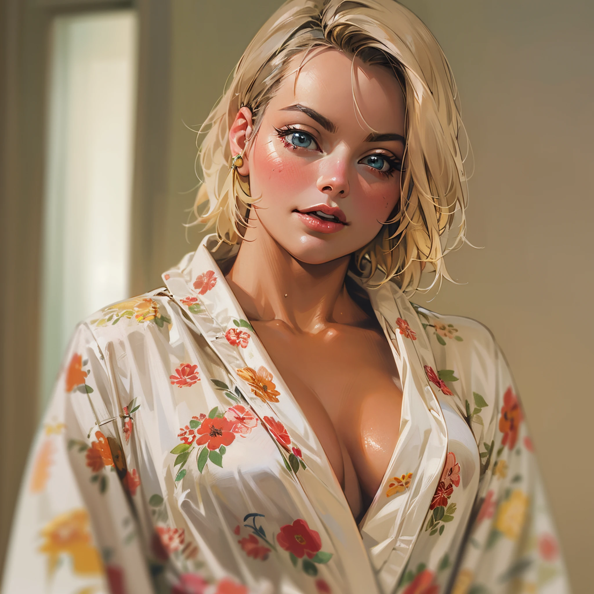 Sexy Margot Robbie in bathrobe, perfect boobs