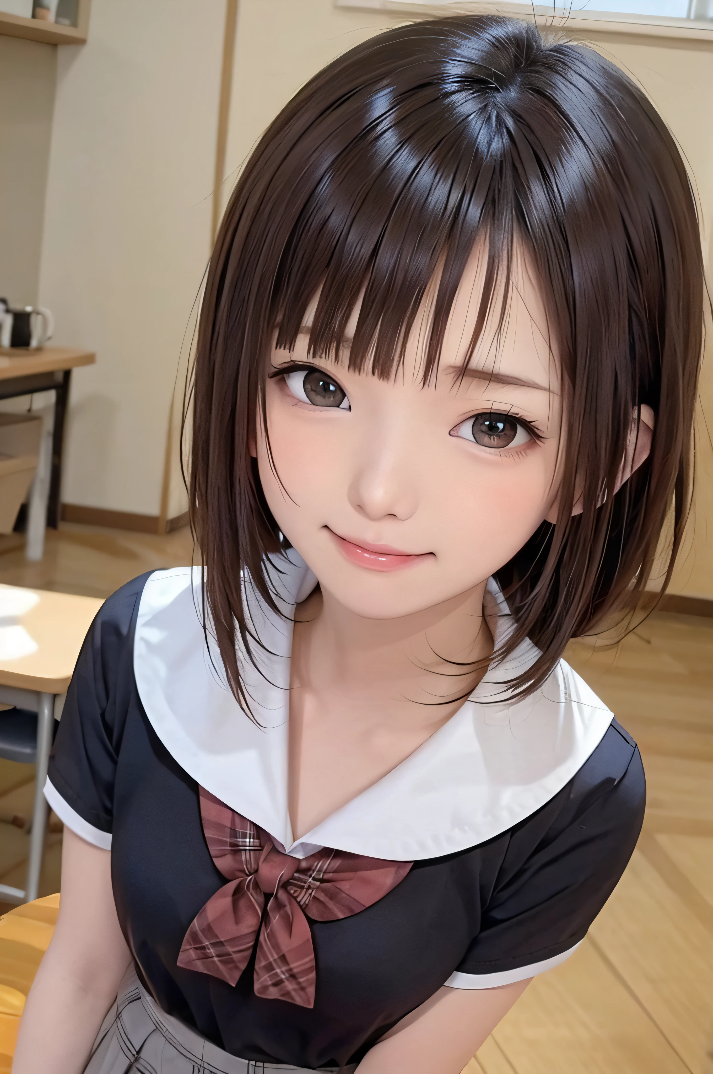 15yo student、brown haired、beautidful eyes、real looking skin、hi-school girl、small tits、(8K、​masterpiece)、(reallistic、Photorealsitic)、top-quality、ighly detailed、The ultra-detailliert、Beautie、cute little、japanes、A smile、Close-up portrait、Healthy face、School uniform、plaid skirts