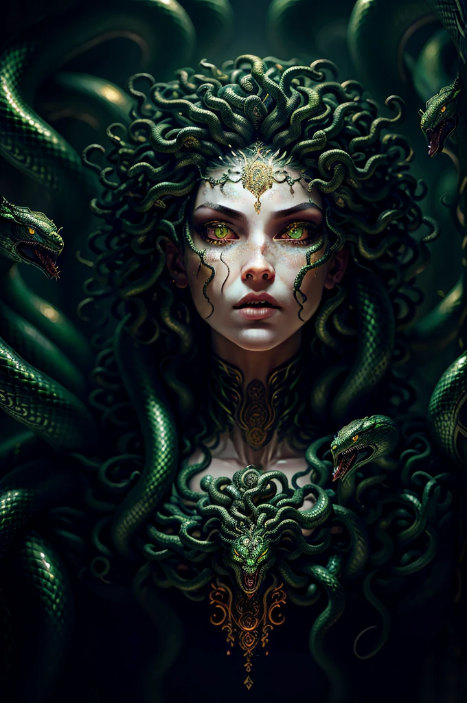 ((best quality)), ((masterpiece)), ((realistic)), Medusa, full body, the hair is composed of countless small snakes, green eyes, female face, metal carved top, royal aura, trend on artstation , sharp focus, studio photo, intricate detail, very detailed, detailed eye, illustration, very detailed, sharp focus, digital render, professional, 4k