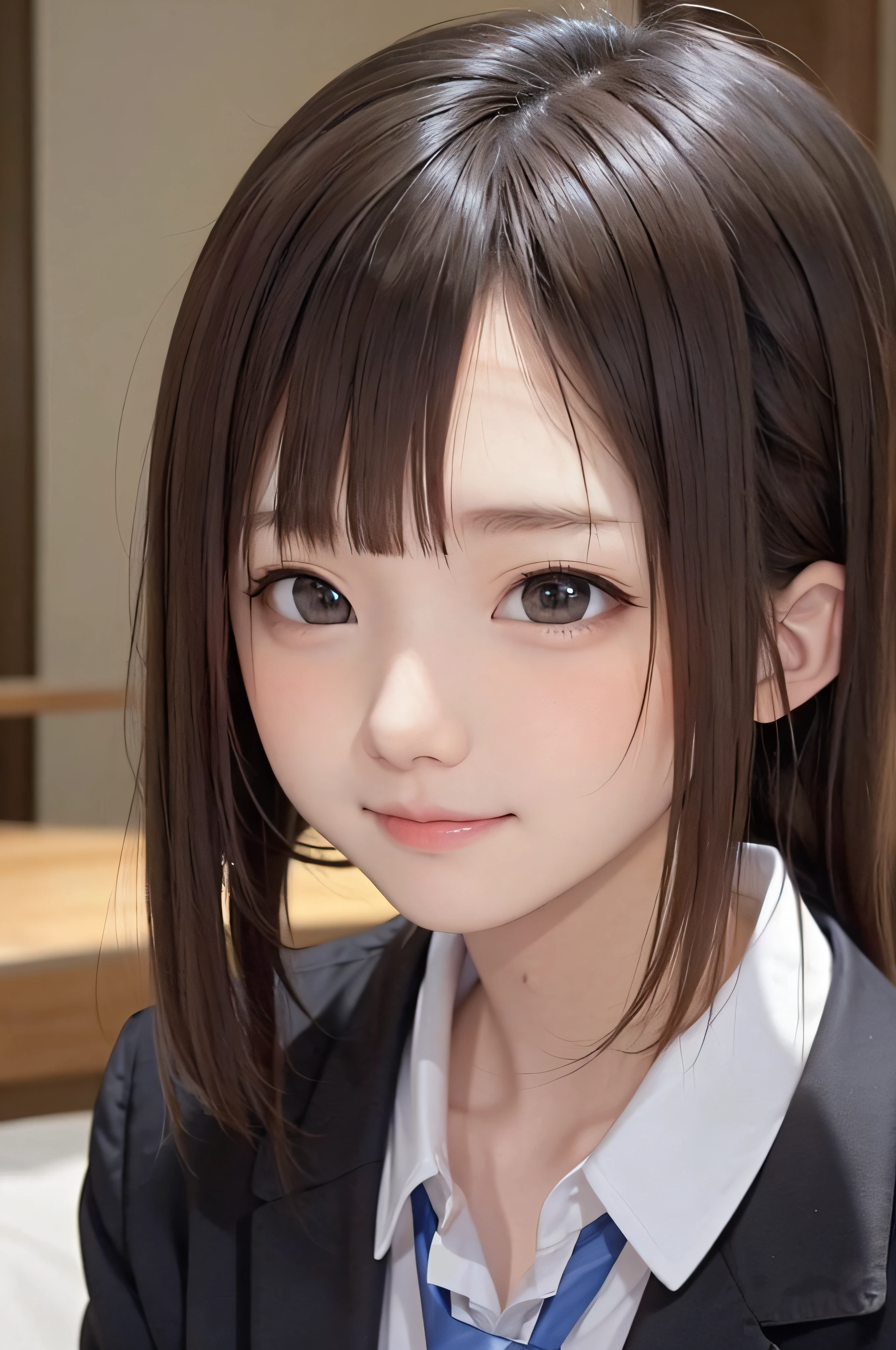 15yo student、brown haired、beautidful eyes、real looking skin、hi-school girl、small tits、(8K、​masterpiece)、(reallistic、Photorealsitic)、top-quality、ighly detailed、The ultra-detailliert、Beautie、cute little、japanes、A smile、Close-up portrait、Healthy face、School uniform、plaid skirts