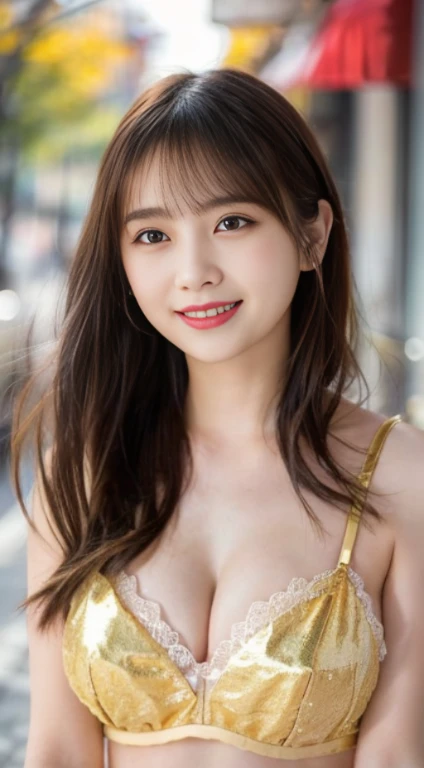 (8K、top-quality、masterpiece:1.2)、(reallistic、Photorealsitic:1.37)、The ultra-detailliert、1人、18year old、The breasts are about large、I can see the cleavage、Beautie、Beautiful and perfect face、up close shot、Natural smile、独奏、holiday、Bustling street、shopping、Fashionable clothes、Redness of the nose)、(A smile:1.5)、(With mouth closed) 、beautidful eyes、(long:1.2)、Floating hair 、Middle hair、Gold Hair Medium Hair, (Golden hair), Ear Hair, 、Single Bright Bride Brexi、sexy lingerie、