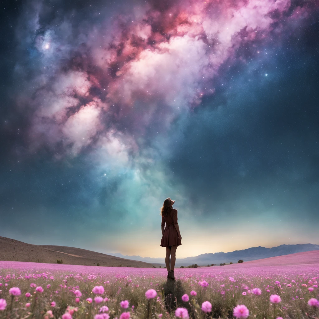 fotografia de paisagem expansiva, (View from below with a view of the sky and desert below), (((Girl standing in a field of flowers looking up))), (lua cheia: 1.2), (Estrela cadente: 0.9), (nebula: 1.3), montanha distante, tree BREAK production art, (Fonte de Luz Quente: 1.2), (Pirilamplighto: 1.2), lamplight, roxo e laranja, detalhes intrincados, Volume Lighting, Realismo BREAK (master part: 1.2) (melhor qualidade), 4k, ultra-detalhado, (Dynamic configuration: 1.4), detalhes altamente detalhados e coloridos, (Cores iridescentes: 1.2), (bright illumination, Atmospheric Illumination), sonhador, magica, (sozinho: 1.2)