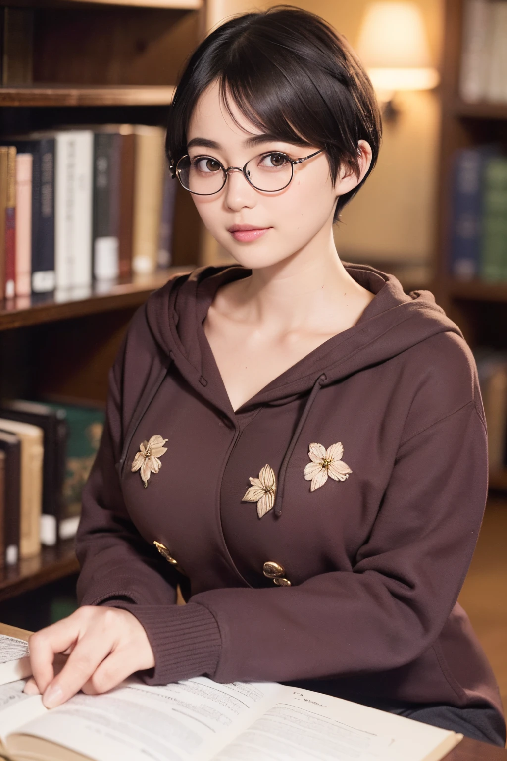 136
(a 20 yo woman,i'i'i'i'i'i'i'I'm in a dark library), (A hyper-realistic), (high-level image quality), ((beautiful hairstyle 46)), ((short-hair:1.46)), (Gentle smile), (breasted:1.46), (lipsticks), (wears glasses,wide,atlibrary), (florals), (wearing hoodies)