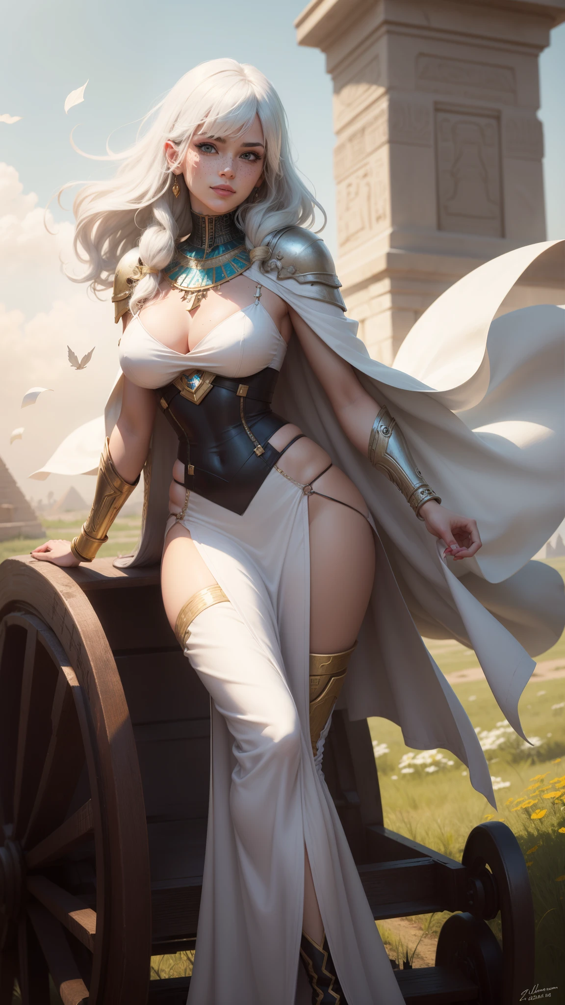 gwen tennyson,yorha 2b,tracer,y'shtola rhul,solo girl,overwatch,atelier ryza,close up,meadow view,tattoos,royal red and white plugsuit,white short sleeve egyptian top,full plate egyptian armor top,long pharaoh skirt,white egyptian corset,long curly hair,pharaoh makeup,green eyes,multicolored silver hair,long dress train,sexy smile, freckles,beautiful girl,egyptian thigh high boots,large breasts,8k,ultra detailed,realistic,fantasy art,egyptian pharaoh uniform,egyptian goddess dress,ear piercings,egyptian hand and neck jewelry,(weather:windy),long white egyptian cape,ancient egypt,pharaoh hair pin,flower petals flying,egyptian pyramid,on an egyptian chariot cart,