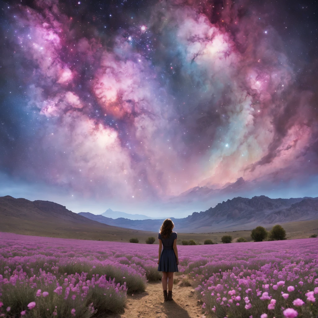 fotografia de paisagem expansiva, (View from below with a view of the sky and desert below), (((Girl standing in a field of flowers looking up))), (lua cheia: 1.2), (Estrela cadente: 0.9), (nebula: 1.3), montanha distante, tree BREAK production art, (Fonte de Luz Quente: 1.2), (Pirilamplighto: 1.2), lamplight, roxo e laranja, detalhes intrincados, Volume Lighting, Realismo BREAK (master part: 1.2) (melhor qualidade), 4k, ultra-detalhado, (Dynamic configuration: 1.4), detalhes altamente detalhados e coloridos, (Cores iridescentes: 1.2), (bright illumination, Atmospheric Illumination), sonhador, magica, (sozinho: 1.2)