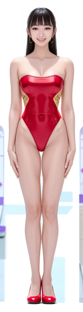 on the white background，a tall and beautiful chinese girl，with fair skin，Toothy smile，Hefty Smile，When you laugh, Your eyes are crescent-shaped，blunt bangs, hair straight，Wear a one-piece swimsuit and pumps，Swimsuits are decorated with joyful patterns, standing straight，stand firm，hands on sides，Symmetrical distribution，Ray tracing，All shaded areas, led floodlights, forward light, 1.4x True-to-life Ultra HD