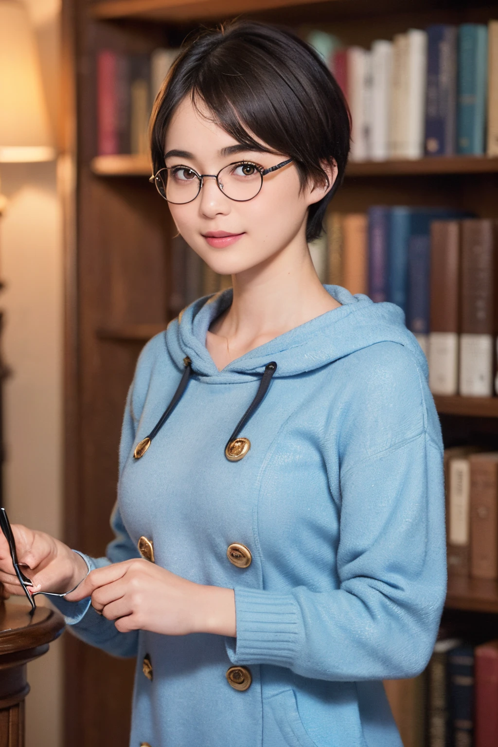 136
(a 20 yo woman,i'i'i'i'i'i'i'I'm in a dark library), (A hyper-realistic), (high-level image quality), ((beautiful hairstyle 46)), ((short-hair:1.46)), (Gentle smile), (breasted:1.46), (lipsticks), (wears glasses,wide,atlibrary), (florals), (wearing hoodies)