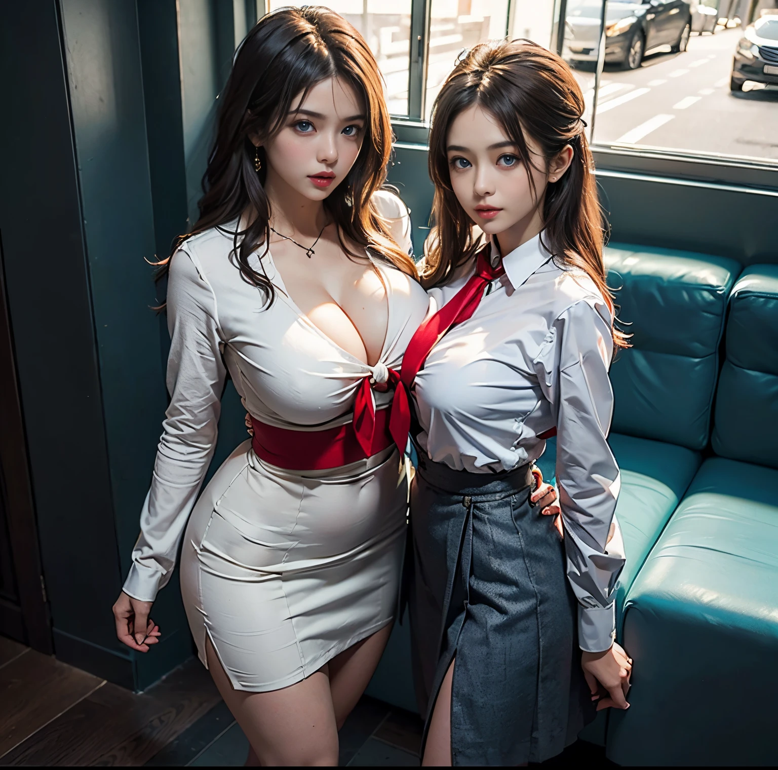 top-quality, 8K picture quality, ​masterpiece, (Professional lighting without shadows), (Two women stand and glare at me.), (Perfect body and huge breasts squeezed by clothes:1.2), Bright whitening skin, (Bright and beautiful blue eyes with plump red tear bags reflect a lot of light.)、 (A pure white blouse that completely hides her large breasts:1.2), Crimson Ribbon Tie, Amazingly short micro mini pleated skirt, (Do not expose upper body skin:1.3), (Show off your beautiful thighs and ultra-slim waist from the front), (above the knee while standing), strong lights, Two good friends