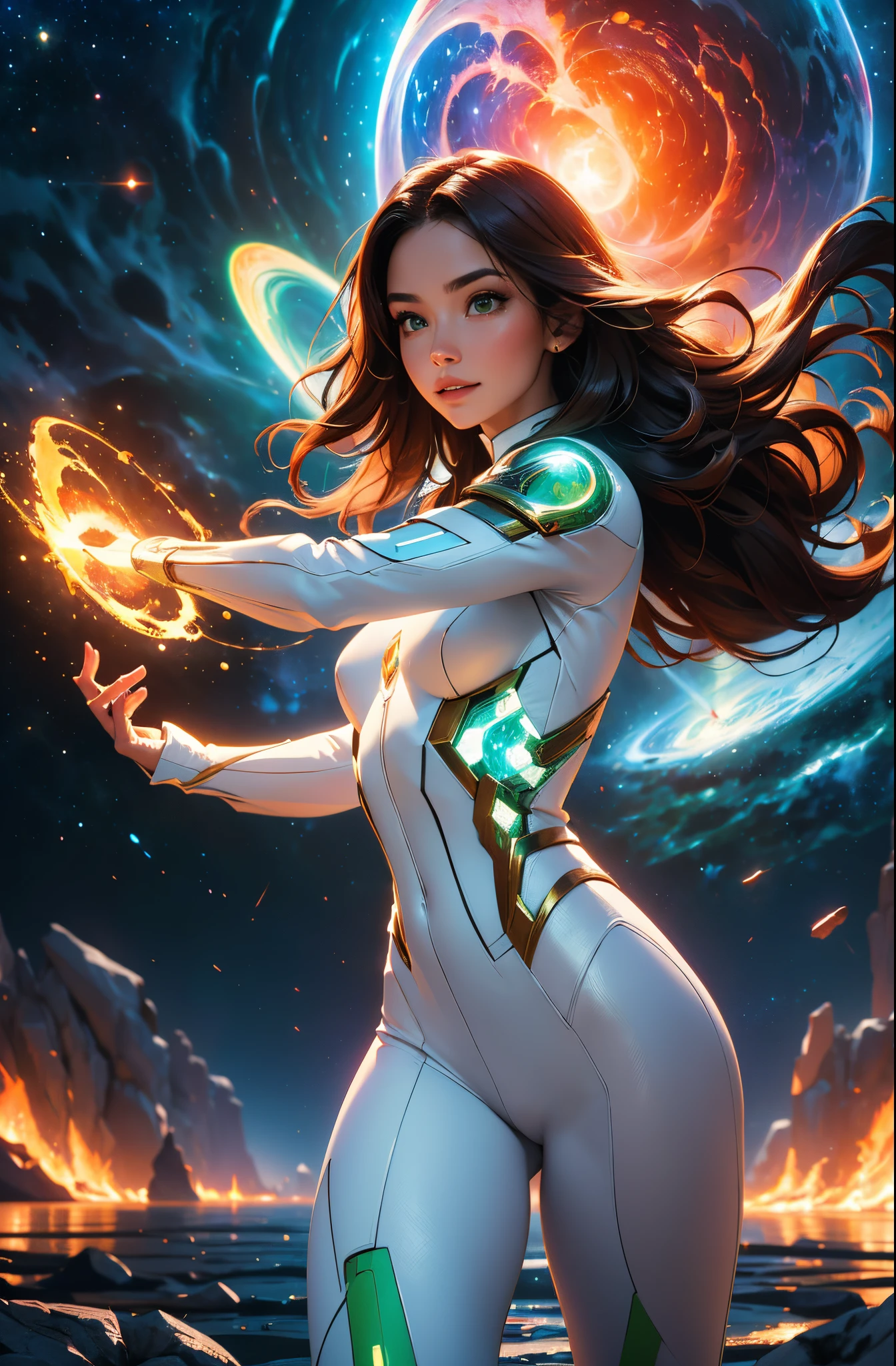 Highly detailed RAW color photo, beautiful young woman, smile at you, long red wavy hair, white and green space ranger costume, running dynamic pose, (detailed skin), (detailed lips), (detailed eyes), (cosmic: 1.4), (necropolis: 1.1), (science fiction setting) (detailed face), (athletic), detailed eyes, space scene with planets and burning sun, chromatic aberration, depth of field, soft lighting, masterpiece, best quality, intricate, (lens reflection: 0.7), (flowering: 0.7), particle effects, ray tracing, tone mapping, highly detailed, concept art, smooth, sharp focus, dramatic lighting, highly detailed art, cinematic, hyper-realistic painting, trending on Artstation, 8K, amazing shadows, realistic, (highly detailed background: 1.2), mid-journey art