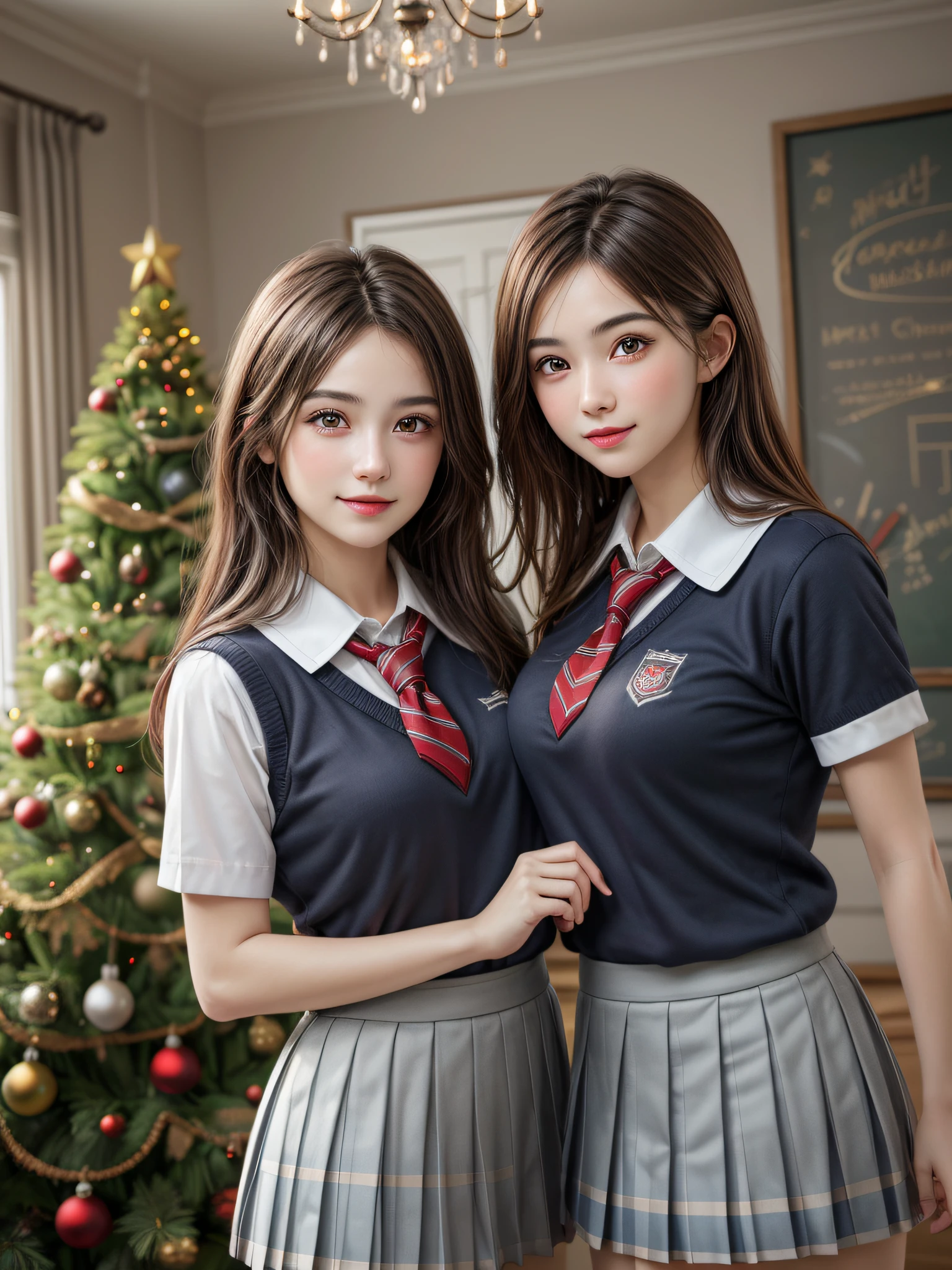 (2girls:1.4), Extremely cute, amazing face and eyes beautiful nice smile), (extremely detailed beautiful face), bright and shiny lips, (School uniform, Pleated skirt:1.3), (Best Quality:1.4), (hyper quality), (Ultra-detailed), (Hyper-realistic, Photorealsitic:1.37), Authentic skin texture, intricate-detail, extremely detailed CG unified 8k wallpaper, RAW Photos, professional photograpy, Cinematic lighting, Exposing, Christmas tree, Christmas Ornaments, Christmas Decorations, Christmas Lights, Christmas Lights,