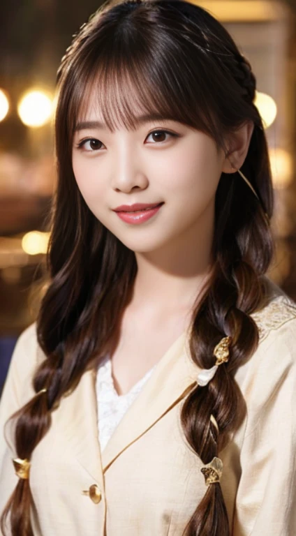 (8K、top-quality、masterpiece:1.2)、(reallistic、Photorealsitic:1.37)、The ultra-detailliert、1人、18year old、Medium chest、Beautie、Beautiful and perfect face、up close shot、Natural smile、独奏、holiday、Bustling street、shopping、Fashionable clothes、Redness of the nose)、(A smile:1.5)、(With mouth closed) 、beautidful eyes、(long:1.2)、Floating hair 、Middle hair、Gold Hair Medium Hair, (Golden hair), Ear Hair, 爆乳,single bling bride braid),Checked shirt、Winter Night View
