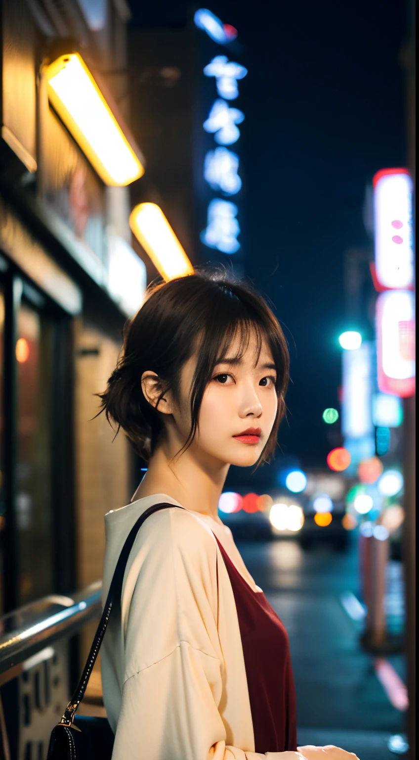 ((Best Quality)), ((masutepiece)), (Cinematic aesthetics:1.4) Beautiful Korean fashion model bokeh city night photo