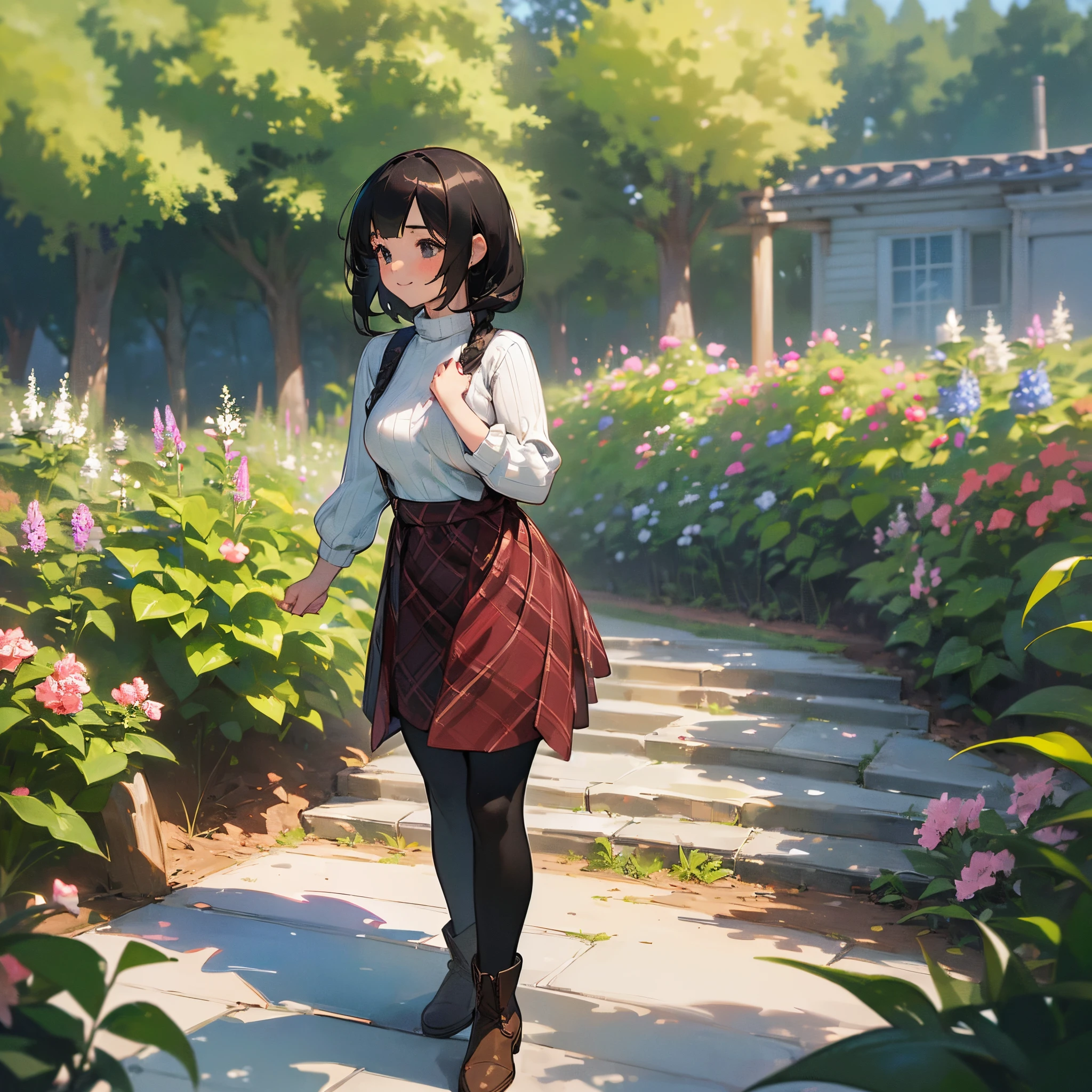 (High quality, High resolution, Ultra-detailed, Realistic:1.37), peaceful ambiance, (plein air, garden), girl standing alone, (My breasts are big.), Beautiful detailed features, Cute smile, (Black bob hair), Ribbed sweater, Red plaid skirt, Black tights, Brown boots.