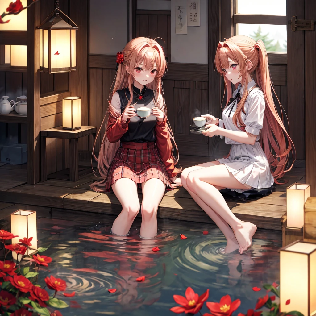 red blonde、red eyes、one good looking girl、独奏、animesque、lightly dressed、Plaid miniskirt、flower petals、sitting on、Black T-shirt、large tree、云、fullmoon、starrysky、Meteor swarm、Nonstar Castle railroad crossing、lantern、Gates of Hell、gatekeeper of craft、Circle of Angels、inside in room、Tea、teapot、sullenness、steam