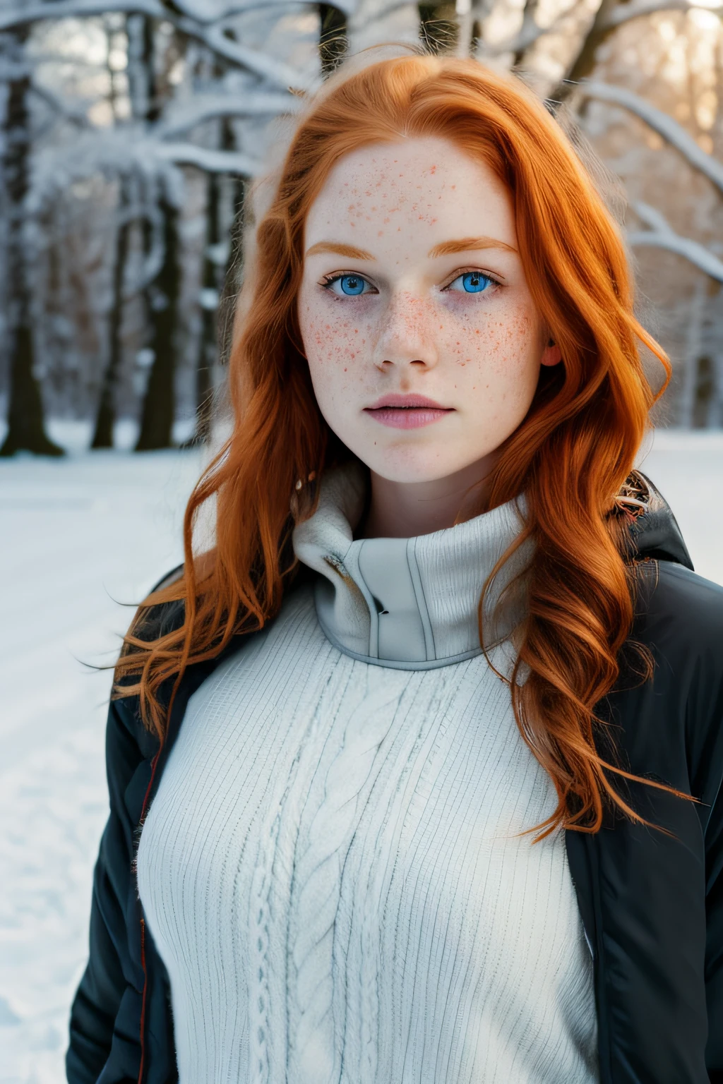 1girl in, age19, Solo, Aesthetic artwork, irish  redhead, wavy ginger hair, shoulder length ginger hair, blue eyes, green eyes, some small freckles, pale skin, A-cup, small breasts, runners body, (textured skin, skin pores:1.1), (moles:0.8), imperfect skin, goosebumps, outside in city park, stone path, snow, late fall weather, (extremely detailed 8k wallpaper), soft lighting, high quality, film grain, Fujifilm XT3 sharp focus, f 5.6, 50mm, High Detail, Sharp focus,(natural light), (black winter jacket: 1.3), sweater, leggings, crazy details, complex details, hyper detailed