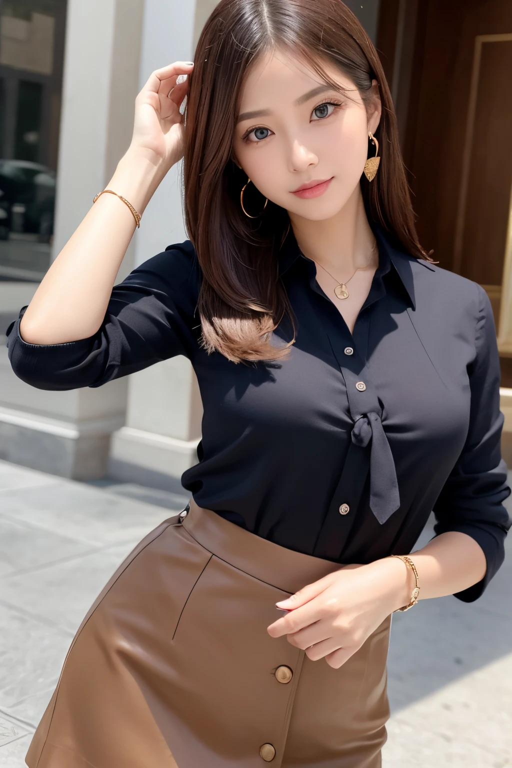 (Top resolution, Distinct_Image 1.2) 、(Beautiful girl with golden ratio face)、(very vivid eyes、earth eye 1.2)、great essentials, high detailing, Bob Hair、lipgloss、Very beautiful girl、 Solo, Beautiful girl like a model、Tie blouse、Uniformed women, tight skirts、suit with accent,Beige suit.Beige tight skirt