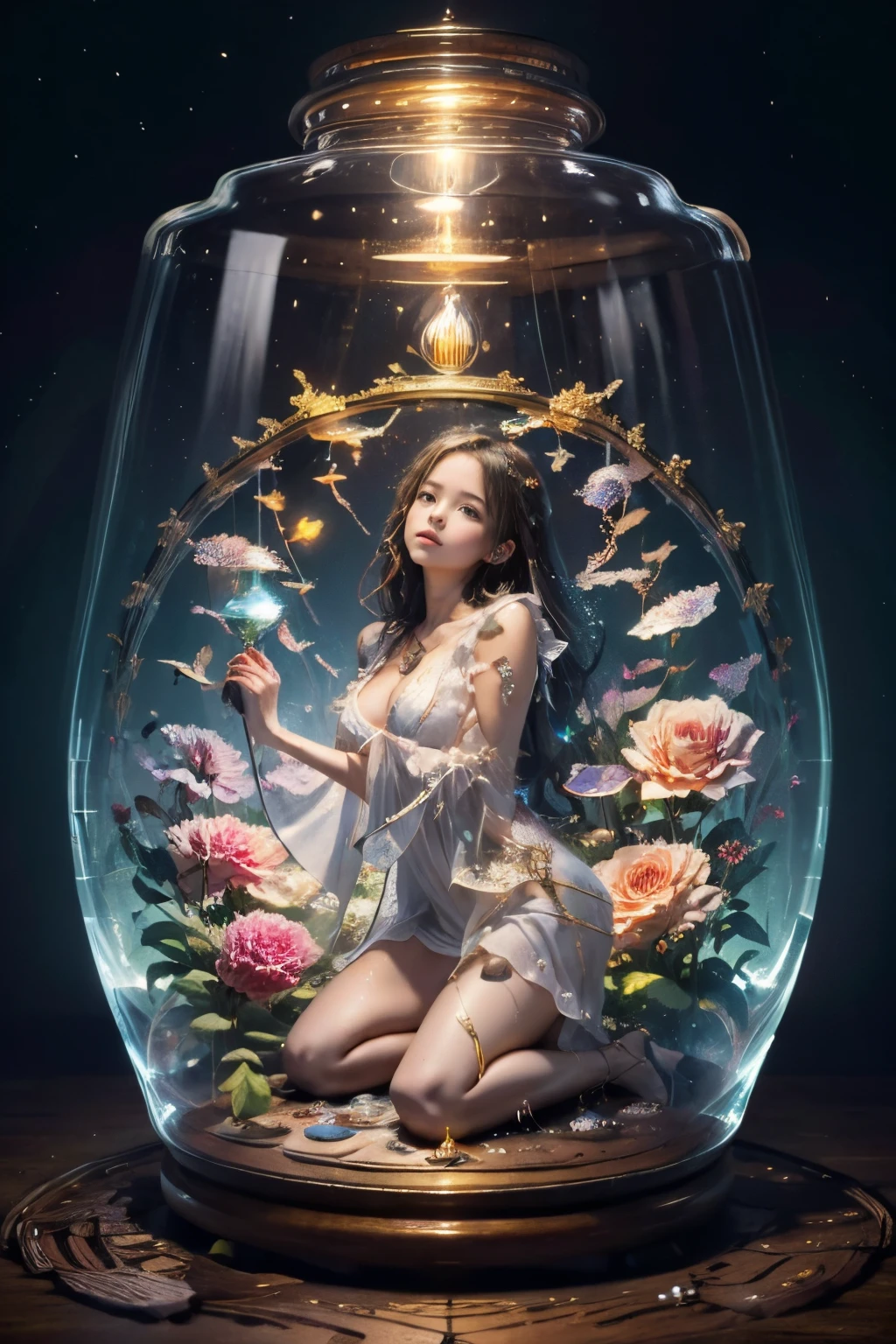 (masterpiece), best quality, expressive eyes, perfect face, huge hourglass, antique hourglass, floating antique clock, beautiful girl inside the hourglass, beautiful Latin girl behind the clock glass, floating antique clock, lamp , lantern, dark night sky, cloudy sky, rain clouds with lightning, beautiful girl looking up, long black hair, Beautiful Hardcore Illustration home page illustration style, dark, high resolution, hard touch illustration, strong outline, 8k, Hiroyuki Nagasaka style, aggressive, beautiful face, fresh beauty, transparent white silk dress, beauty style, bright mist. Paint water splashes. Magic spell. Blue silver gray color gradient glowing vapor veil wave on black abstract art background with free space. Baroque elements, intricate oil paintings, bubbles and swirling fountains, full body, extremely detailed (Fractal Art: 1.3), colorful, more detailed, slight smile, open legs, view of pubic hair, 1 sexy girl in transparent clothing, small breasts exposed, transparent open t-shirt, tattoos of mandalas and flowers, best quality, black and brown hair fused in water, naked girl, beautiful visible pubic area, small breasts in sight, perfect hair, perfect full lips, delicate and perfect body, digital painting, intricately detailed eyes looking up, girl looking up, colorful, fine art, oil painting, finely drawn hands; magical garden, metallic roses, autumn leaves, metallic colors and enamel, meditation, girl in a state of meditation, rain, wlop style art, latin girl with oil tan skin, shiny brown skin,