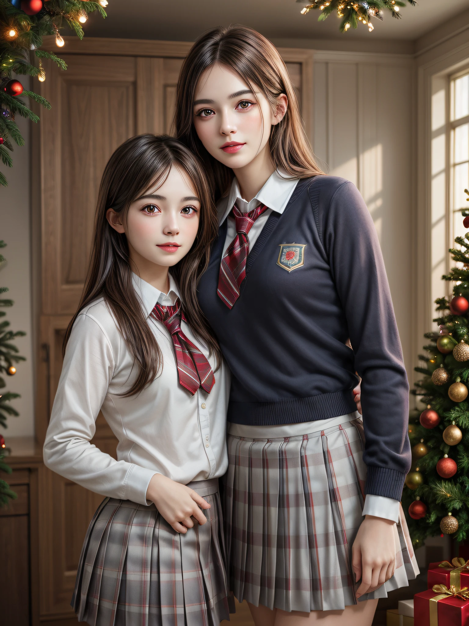 (2girls:1.4), Extremely cute, amazing face and eyes beautiful nice smile), (extremely detailed beautiful face), bright and shiny lips, (School uniform, Pleated skirt:1.3), (Best Quality:1.4), (hyper quality), (Ultra-detailed), (Hyper-realistic, Photorealsitic:1.37), Authentic skin texture, intricate-detail, extremely detailed CG unified 8k wallpaper, RAW Photos, professional photograpy, Cinematic lighting, Exposing, Christmas tree, Christmas Ornaments, Christmas Decorations, Christmas Lights, Christmas Lights,