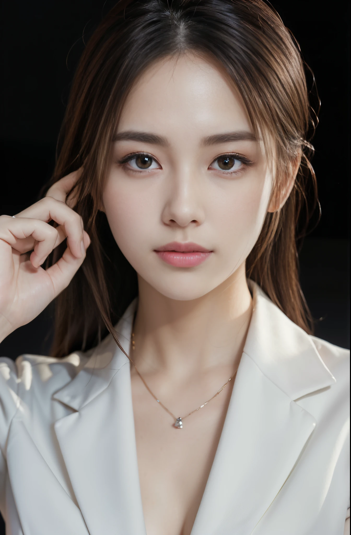 (Photoreal Stick:1.5, masutepiece:1.5, 8K), (top-quality, ​masterpiece, 超A high resolution), Perfect dynamic composition, Professional camera work:1.3, Grow Light Effect, Realistic portrait:1.3, Cinematic Light, Highly detailed skin and facial texture:1.3, The ultra-detailliert, Detailed hand, A detailed eye, Extremely beautiful face:1.2, Wearing a business suit and white shirt, Twilight, night view at night, Totally captivates you, Medium chest, Close-up portrait, Model body type, Backshots