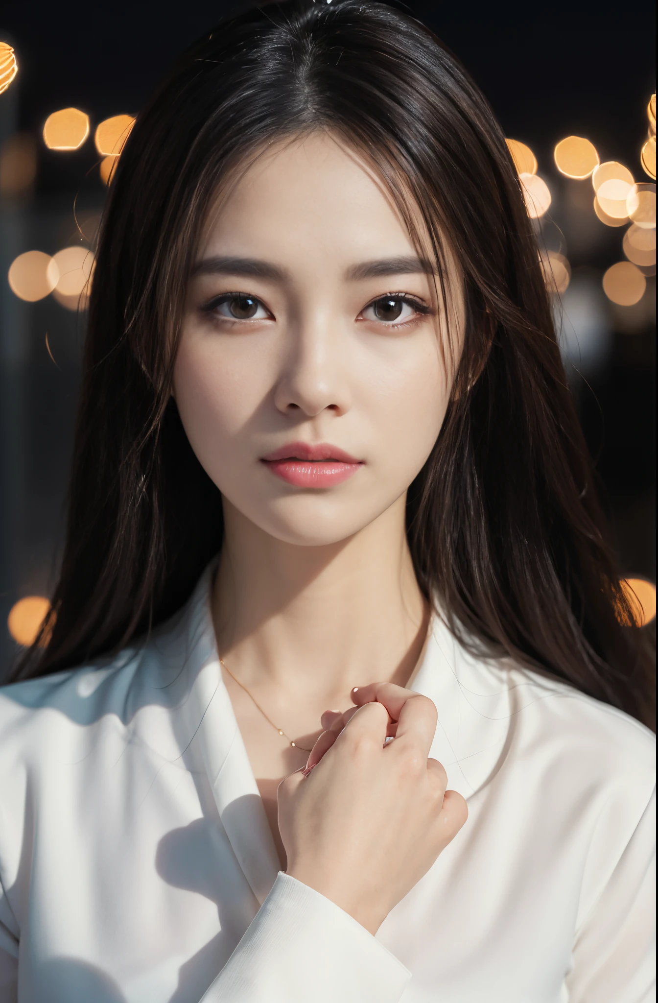 (Photoreal Stick:1.5, masutepiece:1.5, 8K), (top-quality, ​masterpiece, 超A high resolution), Perfect dynamic composition, Professional camera work:1.3, Grow Light Effect, Realistic portrait:1.3, Cinematic Light, Highly detailed skin and facial texture:1.3, The ultra-detailliert, Detailed hand, Eyes that feel beautiful eros, A mouthfeel that feels beautiful eros, Extremely beautiful face:1.2, Wearing a business suit and white shirt, Twilight, night view at night, Totally captivates you, Medium chest, Close-up portrait, Model body type, Backshots