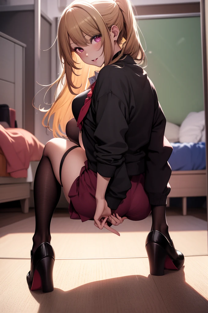 anime, beautiful face, highly detailed face, detailed perfect eyes, perfect hair, perfect lips, accurate arms, accurate hands, accurate legs, accurate footware. highly detailed background, perfect lighting, full body, 1girl, solo, ruby hoshino, ruby, oshi no ko, bedroom, heels, blonde hair, thighhighs, stockings, bedroom, absurdres, high res, ultrasharp, 8K, masterpiece, looking at viewer, (sexy pose:1.4), (full body:1.5), horny face, teasing face, school outfit, school uniform, skirt, beautiful panties,  cleavage, sitting down, body face away from viewer, looking back over her shoulder, view from behind, ass view, reverse cowgirl position, riding position.