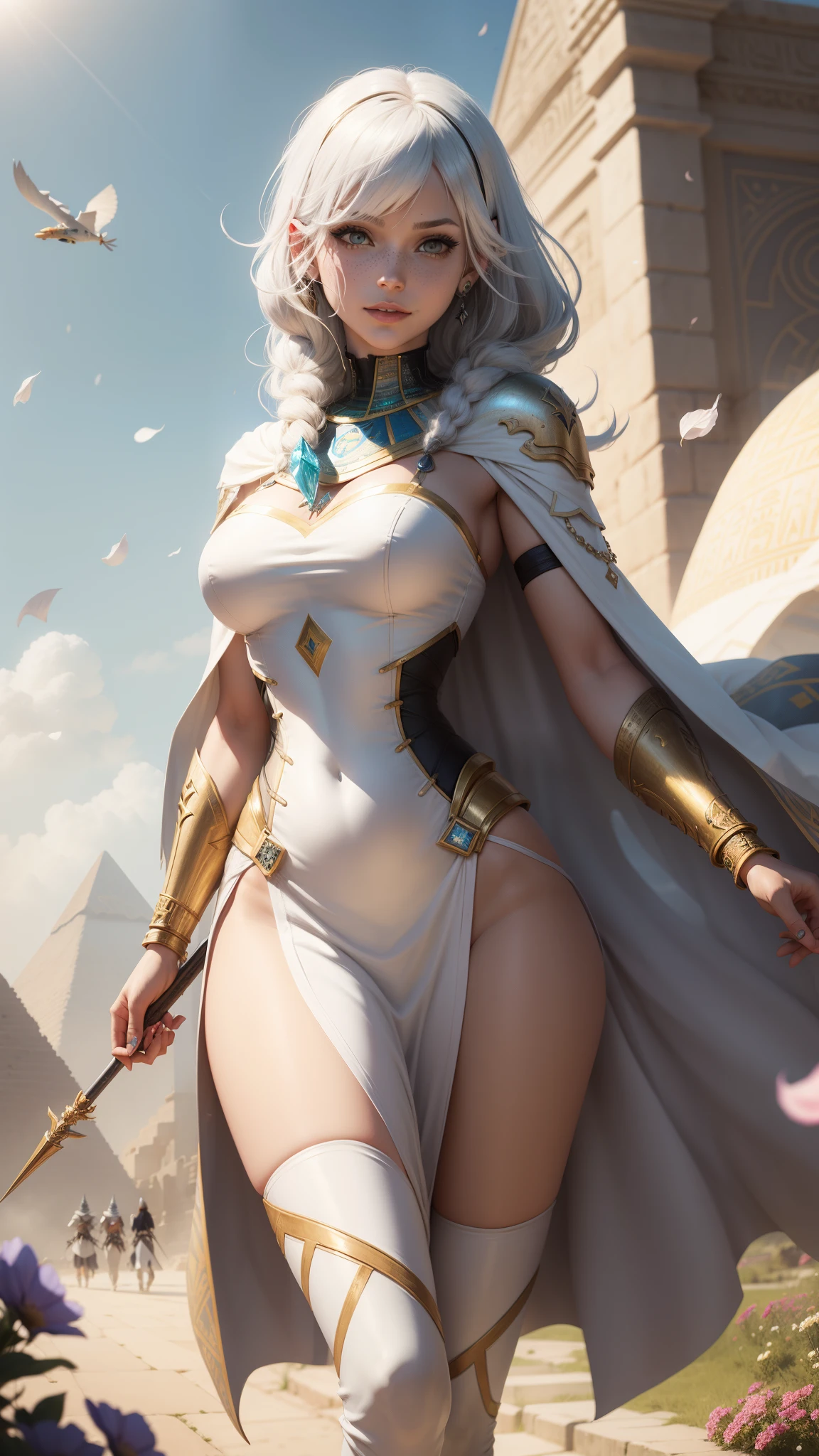 gwen tennyson,yorha 2b,tracer,y'shtola rhul,solo girl,overwatch,atelier ryza,close up,meadow view,tattoos,royal yellow and white plugsuit,white short sleeve egyptian top,full plate egyptian armor top,white long pharaoh skirt,white egyptian corset,long curly hair,pharaoh makeup,green eyes,multicolored silver hair,long dress train,sexy smile, freckles,beautiful girl,white egyptian thigh high boots,large breasts,8k,ultra detailed,realistic,fantasy art,egyptian pharaoh uniform,egyptian goddess dress,ear piercings,egyptian hand and neck jewelry,(weather:windy),long white egyptian cape,ancient egypt,pharaoh hair pin,flower petals flying,egyptian pyramid,egyptian pharaoh throne,