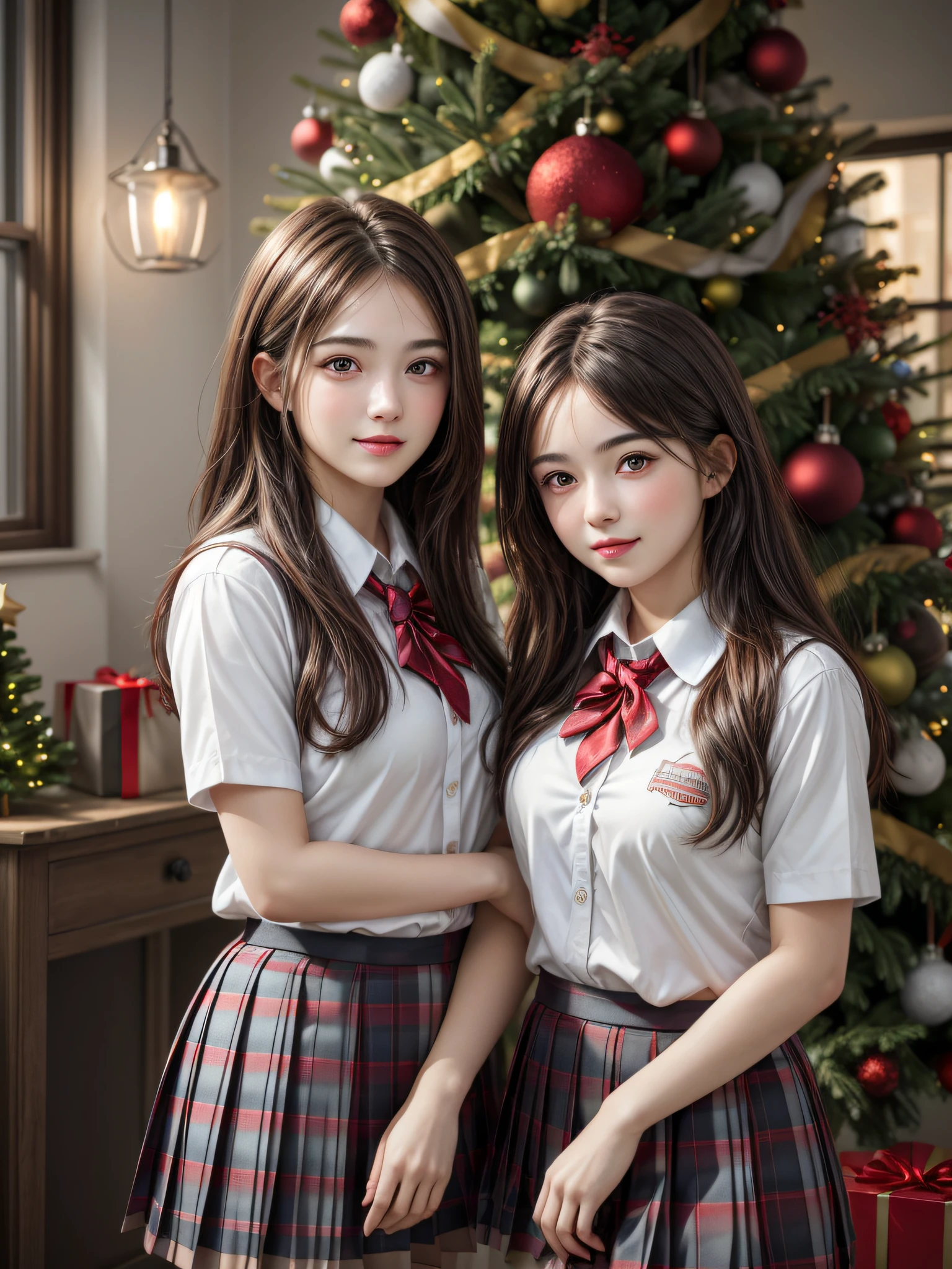 (2girls:1.4), Extremely cute, amazing face and eyes beautiful nice smile), (extremely detailed beautiful face), bright and shiny lips, (School uniform, Pleated skirt:1.3), (Best Quality:1.4), (hyper quality), (Ultra-detailed), (Hyper-realistic, Photorealsitic:1.37), Authentic skin texture, intricate-detail, extremely detailed CG unified 8k wallpaper, RAW Photos, professional photograpy, Cinematic lighting, Exposing, Christmas tree, Christmas Ornaments, Christmas Decorations, Christmas Lights, Christmas Lights,