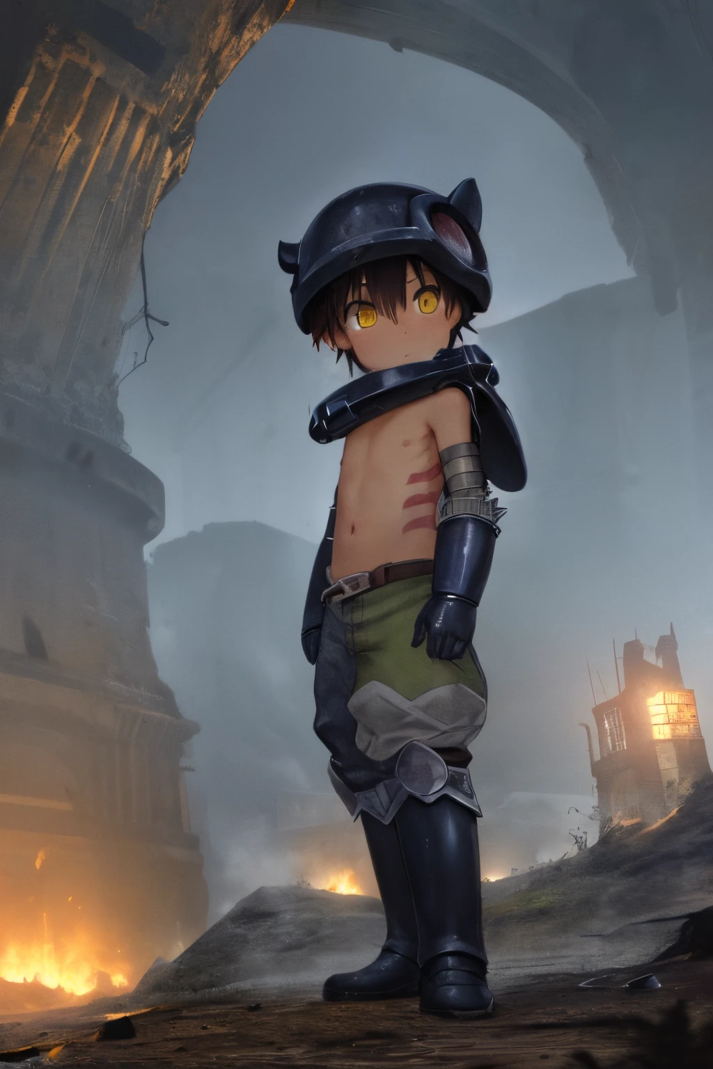 masterpiece, best quality, ultra-detailed, illustration, cinematic composition, 
abyss style, underground city, ruins, dark, steam, fog, 1boy, solo, cowboy shot, regu \(made in abyss\), yellow eyes, helmet, pants,