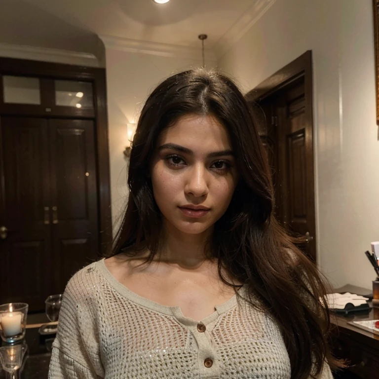 (Best quality, Ultra-detailed, Masterpiece:1.5), Photorealistic photograph of a beautiful pakistani woman at a party. The woman should have a flawless, highly detailed face (Highly Detailed Skin) with soft, luminous skin. Her long hair should be naturally brown and stylishly arranged. (Perfect Eyes:1.2). The photography should feature high-quality film grain (ISO 400, 30mm lens RAW f1.8 aperture. high budget, (blush: 0.5), (goosebumps: 0.5), stylish outfit