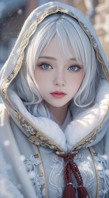 Photorealistic, High Resolution, 1 women, 独奏, (****ta costume)，Face the Audience， Beautiful eyes, white colored hair, ringed eyes, (exterior，Oyuki，cloak，Cover with snow)，Snow field