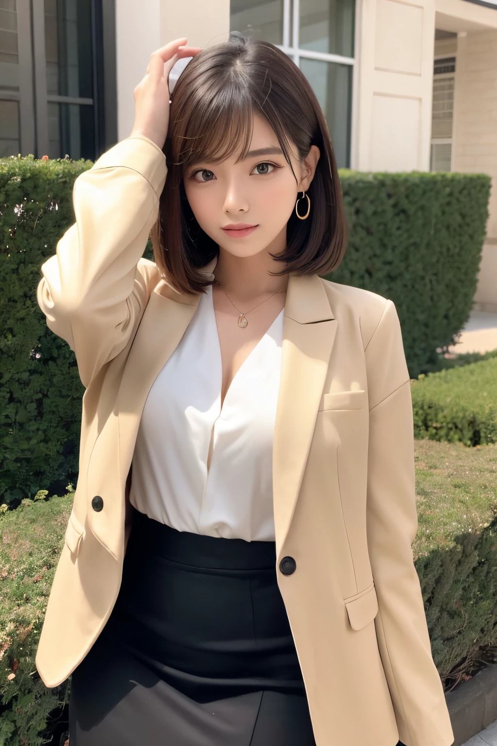 (Top resolution, Distinct_Image 1.2) 、(Beautiful girl with golden ratio face)、(very vivid eyes、earth eye 1.2)、great essentials, high detailing, Bob Hair、lipgloss、Very beautiful girl、 Solo, Beautiful girl like a model、(Tie blouse、Beige jacket、Beige Blazer、Beige tight skirt),suit with red accents
