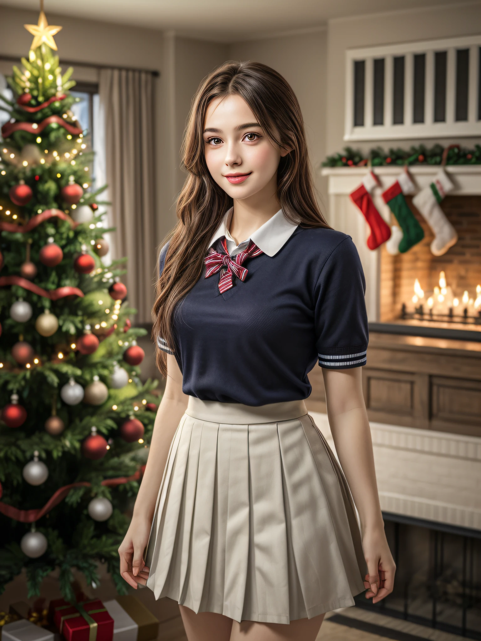 (2girls:1.4), Extremely cute, amazing face and eyes beautiful nice smile), (extremely detailed beautiful face), bright and shiny lips, (School uniform, Pleated skirt:1.3), (Best Quality:1.4), (hyper quality), (Ultra-detailed), (Hyper-realistic, Photorealsitic:1.37), Authentic skin texture, intricate-detail, extremely detailed CG unified 8k wallpaper, RAW Photos, professional photograpy, Cinematic lighting, Exposing, Christmas tree, Christmas Ornaments, Christmas Decorations, Christmas Lights, Christmas Lights,