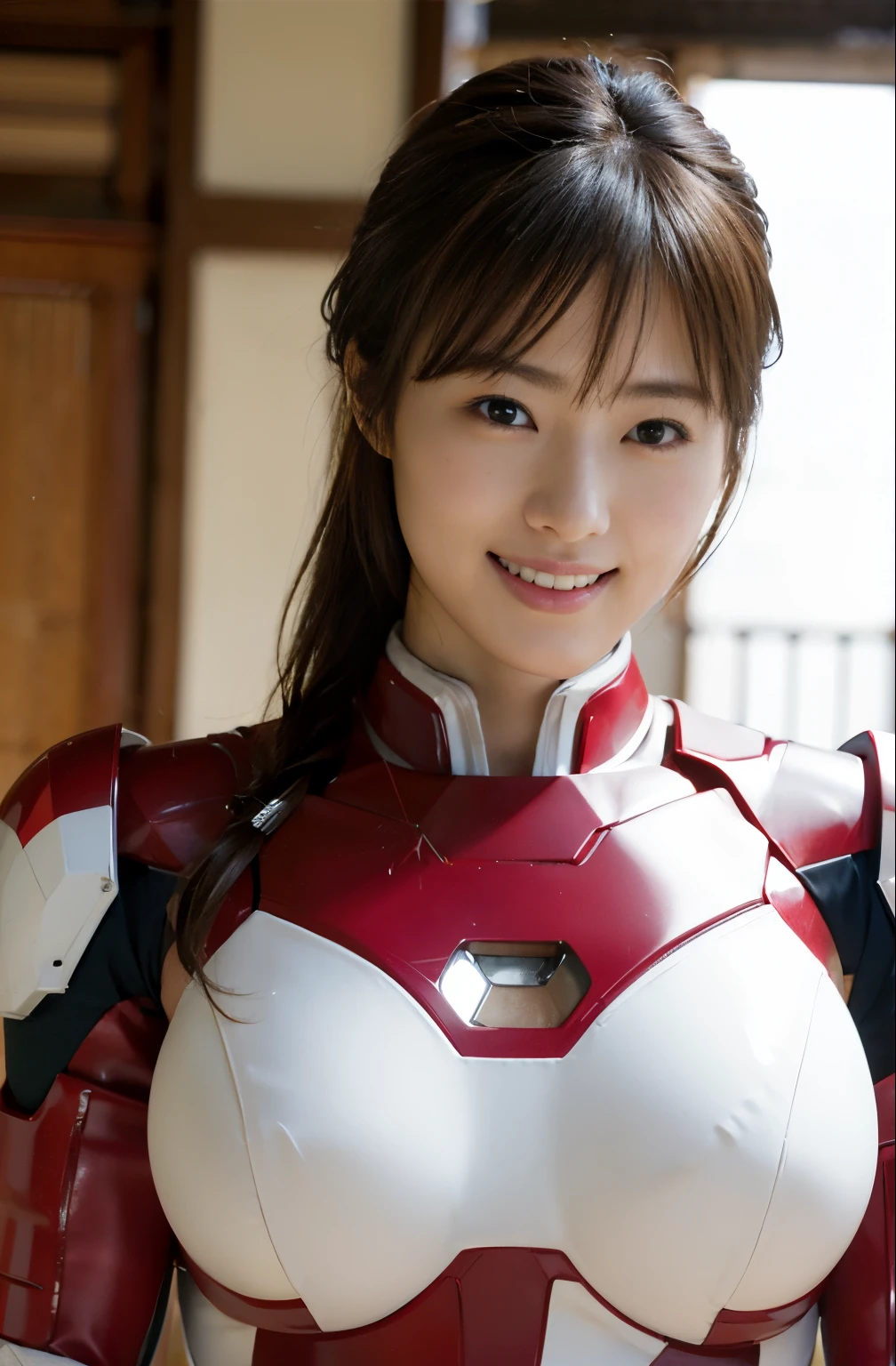 top-quality、​masterpiece、超A high resolution、(Photorealsitic:1.4)、***1人、Black hair、glowy skin、(Sexy 25 year old Japan woman)、(Wearing a pink and white Iron Man suit)、(super realistic details)、portlate、8K、ultrasharp、huge udder、A smile、sexypose