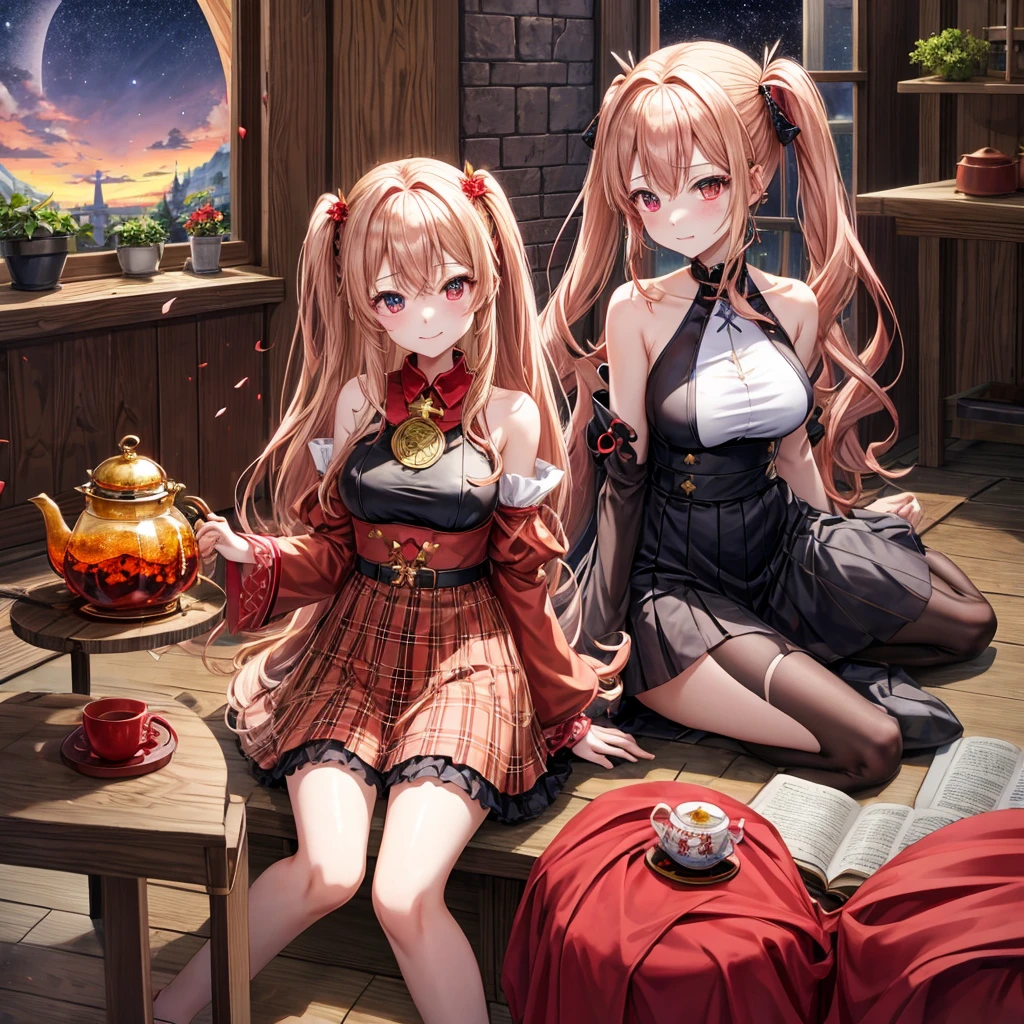 red blonde、red eyes、one good looking girl、独奏、animesque、lightly dressed、Plaid miniskirt、flower petals、sitting on、Black T-shirt、云、fullmoon、starrysky、Meteor swarm、Nonstar Castle railroad crossing、Gates of Hell、gatekeeper of craft、Circle of Angels、inside in room、Tea、teapot、sullenness、steam、golden castle