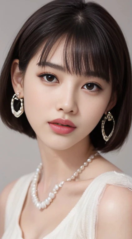 Beautiful schoolgirl。She wears an strapless shorttubedress, Narrow-eyed、ssmile、Her hair ilack Hair Short Bob Hair Straight、(Voluminous short bob、straight haired、On-eyebrow bangob with only one ear out、hight resolution、masterpiece、top-quality、headw:1.3、((Hasselblad photo))、Fine skin、Fine textureoco nítido、(电影灯光)、red-lips、(cowboy shot)、Light gray background
